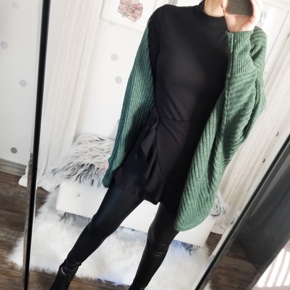 Fall Black Ribbed Knit Ruffle Dress Wrap Tunic Top Women’s Tops Clothes - Picture 10 of 10